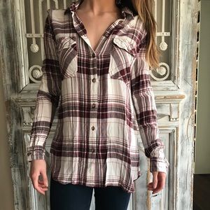 BDG Burgundy oversized plaid button-up shirt